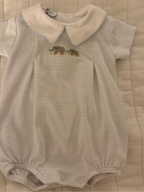 Baby Boys White & Light Blue Striped Footie One-Piece with Elephant Motif